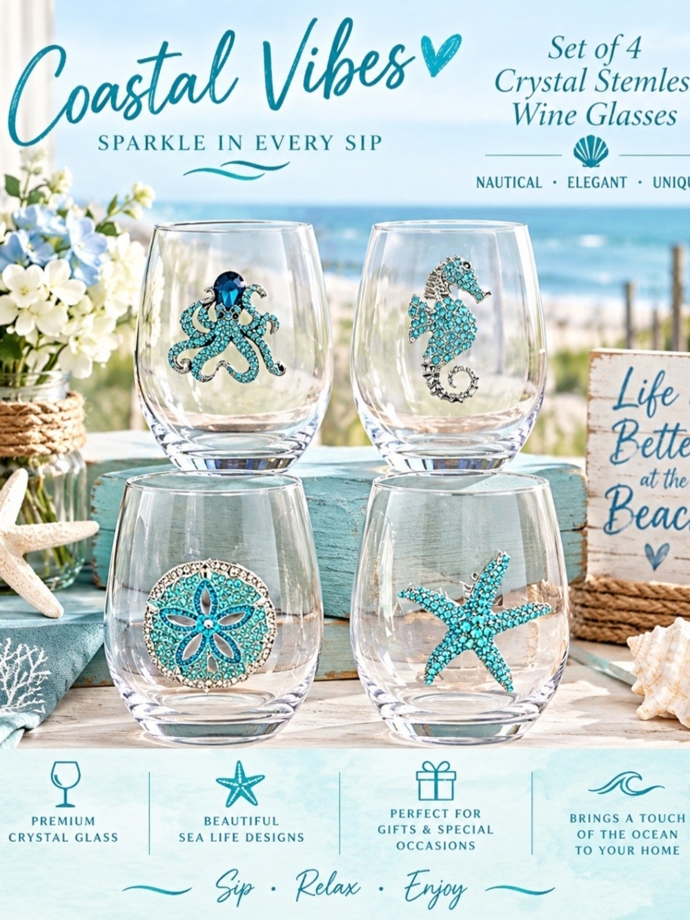 Coastal Vibes Turquoise Crystal Stemless Wine Glasses - Set of 4